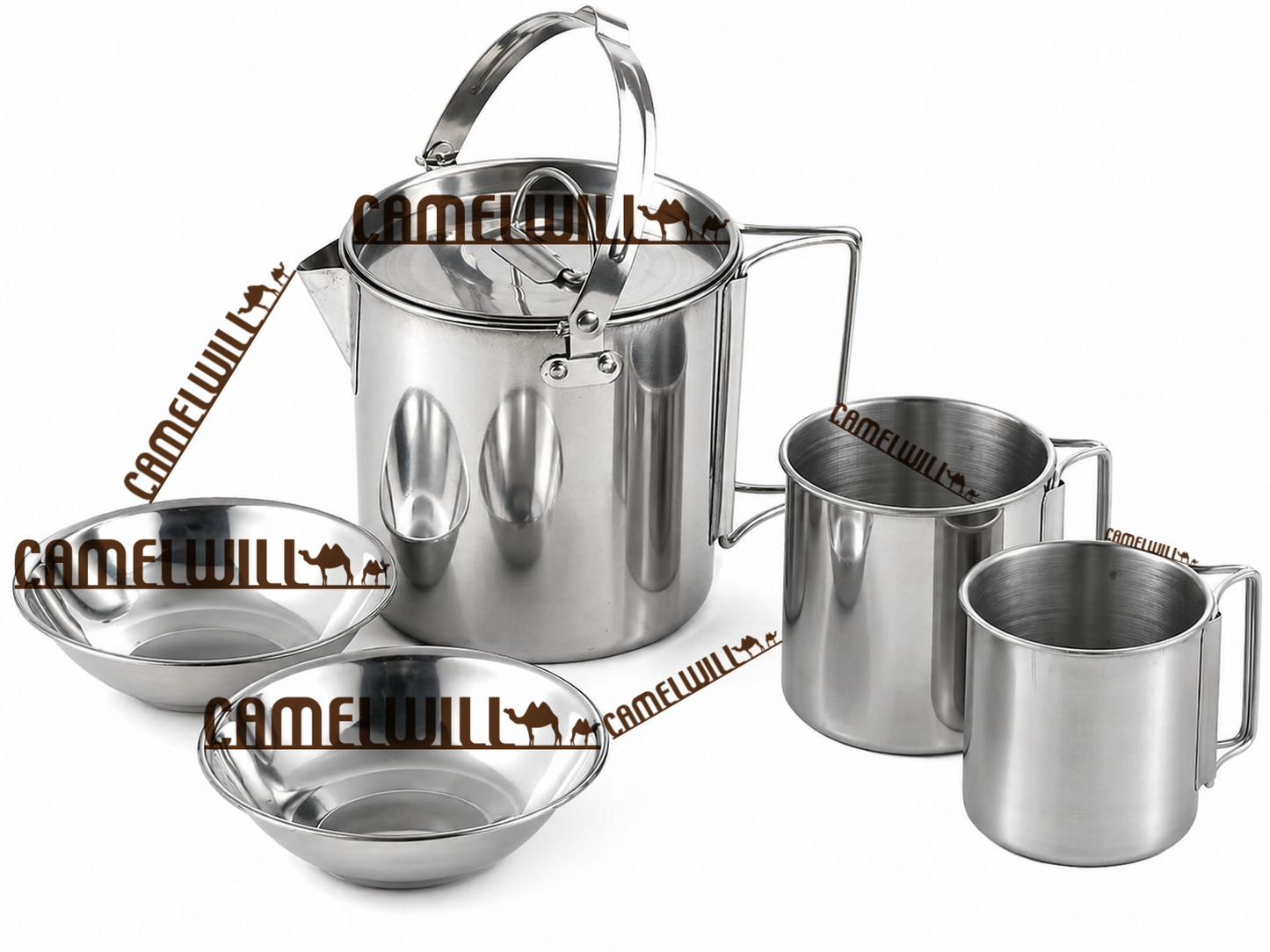 Camelwill 1Pc 1 Camping Kettle or 5Pcs 1 Camping Kettle 2 Cups 2 Bowls Stainless Steel