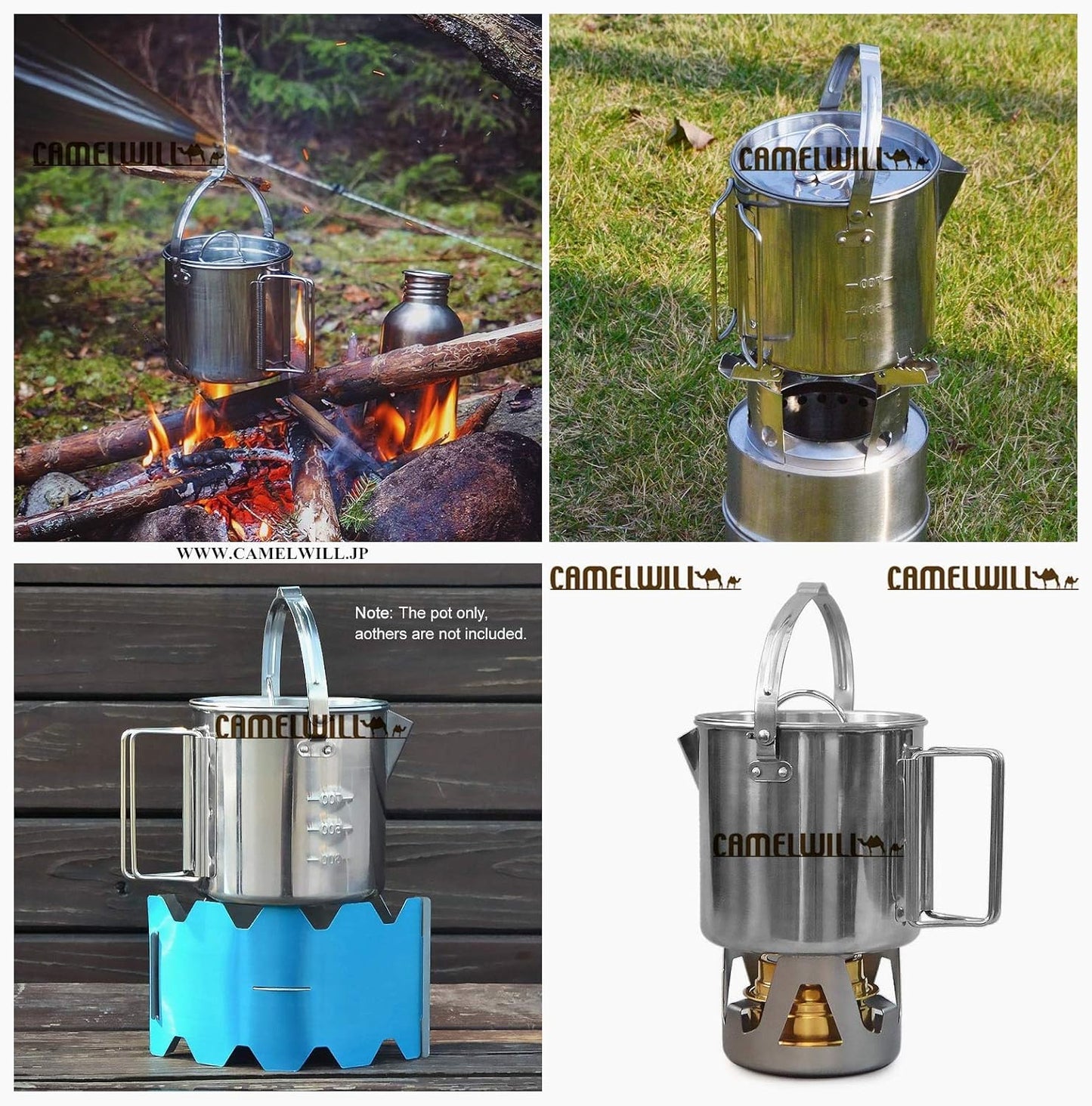 Camelwill 1Pc 1 Camping Kettle or 5Pcs 1 Camping Kettle 2 Cups 2 Bowls Stainless Steel
